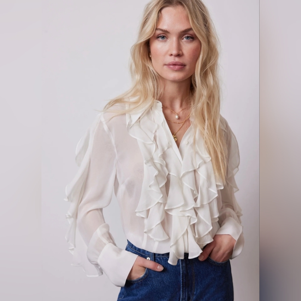 ZARA Blouse Top Ruffled Romantic Blouson With Ivory Frills S Ecru Womens